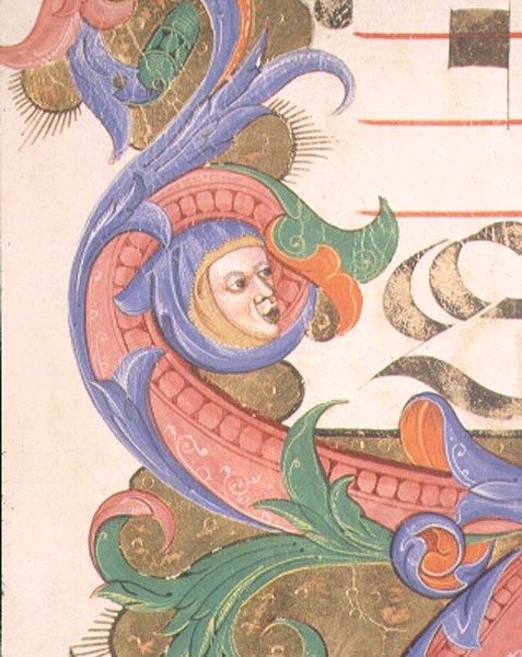 Missál 515 f.156r Zoomorf lombozat köpenyes fejjel, egy 1449 előtt készült Kóruskönyv díszítő szegélyének részlete alkotó: Filippo di Matteo Torelli