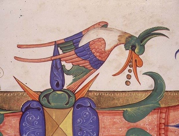 Mise 515 f.72v Fantasztikus madár, a díszítés részlete az 1449 előtt készült kóruskönyv történeti „L” kezdőbetűjéből (vellum) (56719 részlet) alkotó: Filippo di Matteo Torelli