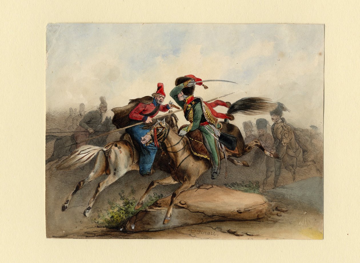 A császári gárda francia lócsavarjai az orosz kozákokkal vívott harcban, c. 1830 alkotó: Finert
