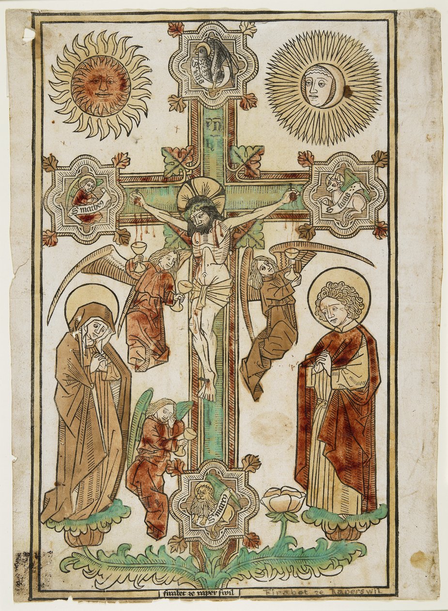 Feszület három angyallal és az evangélisták szimbólumaival, 1470-80 körül (kézzel festett fametszet piros, zöld, sárga, világos és sötétbarna színekkel) alkotó: Firabet of Rapperswil Firabet of Rapperswil