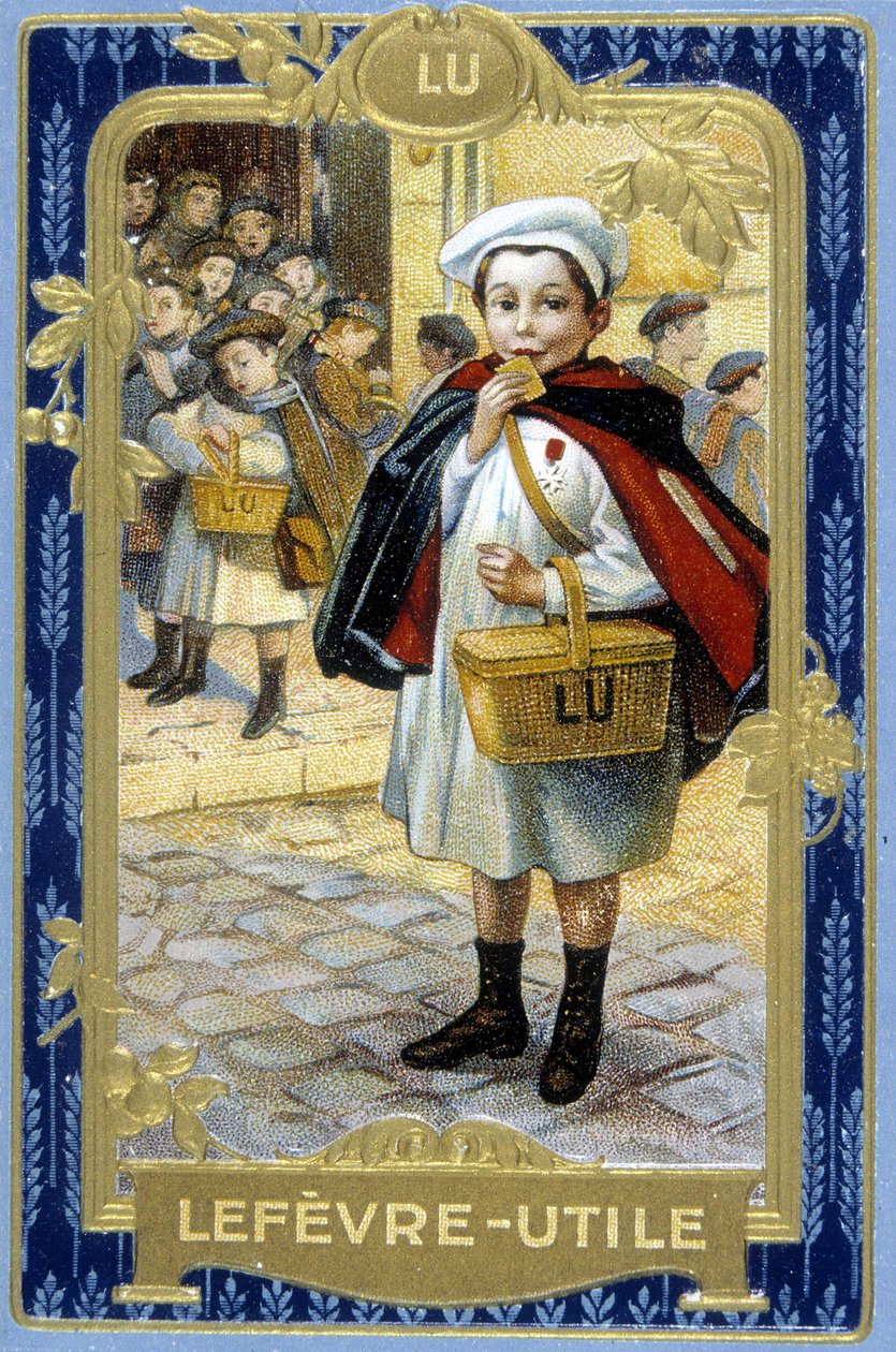 A „” Lefèvre-Hasznos: Lu” (az iskolás fiú) süti reklámja. SD. Kromolitográfia 19. század Firmin Bouisset eredeti rajza alapján. alkotó: Firmin (after) Bouisset
