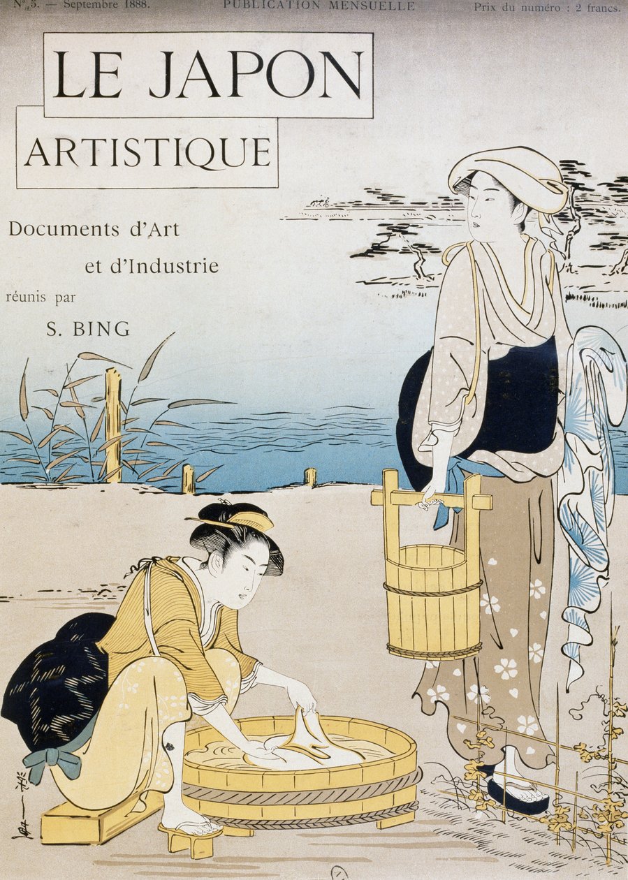 Folyóban mosó nők, Firmin Gillot (1819-1872) borítója, Le Japon Artistique (japán művészet), Siegfried Bing (1838-1905) művészeti és ipari dokumentumokat gyűjtött, havi kiadvány 1889. július, Franciaország alkotó: Firmin Gillot