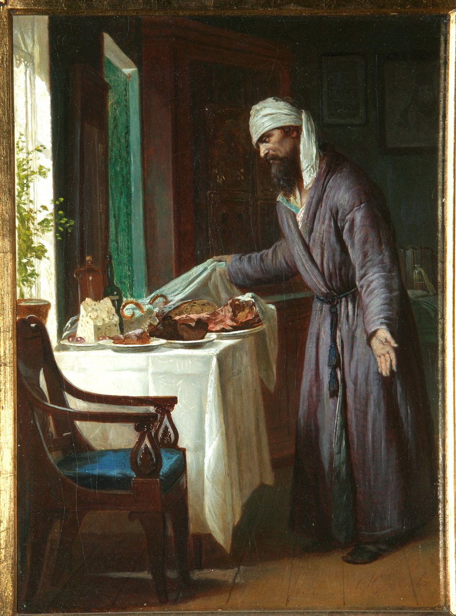 Reggeli másnaposság - Firs Szergejevics Zsuravlev (1836-1901) festménye, olaj, vászon, 40x29,6 cm, 19. század vége - Magángyűjtemény alkotó: Firs Sergeevich Zhuravlev