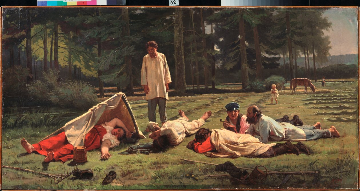 Pihenés a szénaszüretnél – Firs Szergejevics Zsurajev (1836-1901) festménye, olaj, vászon alkotó: Firs Sergeevich Zhuravlev