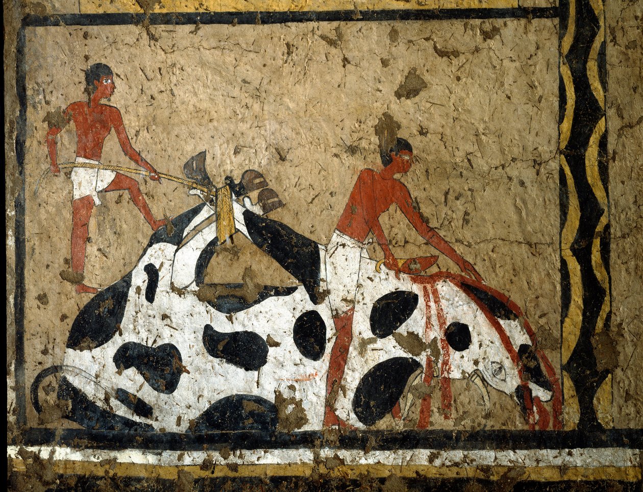 Egyiptomi antiquitis: a bikát szarkofág előtt áldozzák fel. Detrempe agyagon és szalmán Iti király tábornokának és kancellárjának sírjából a Luxor melletti El Ghebelenben. Kr.e. 2200-2000. Torino, egyiptomi múzeum alkotó: First Intermediate Period Egyptian