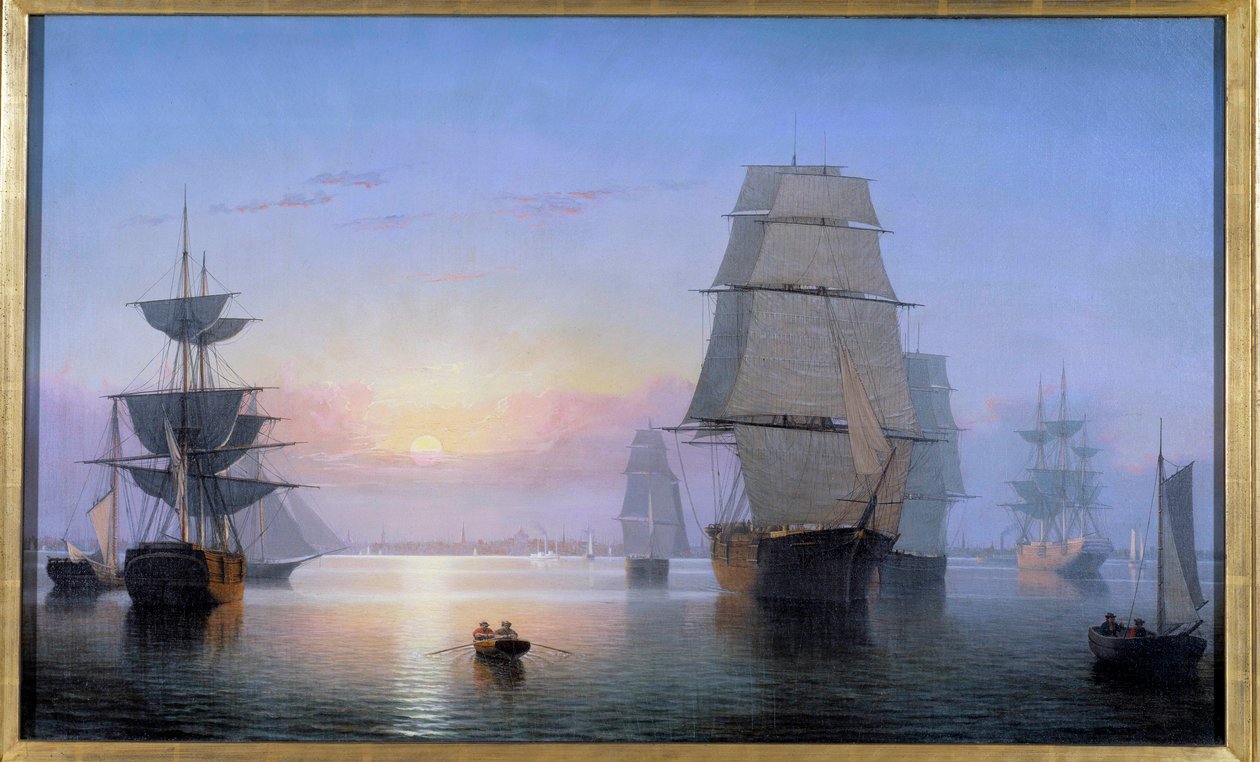 Boston kikötője a lenyugvó napon 1850-ben Fitz Hugh Lane (1804-1865) festménye 1850 Magángyűjtemény alkotó: Fitz Henry Lane