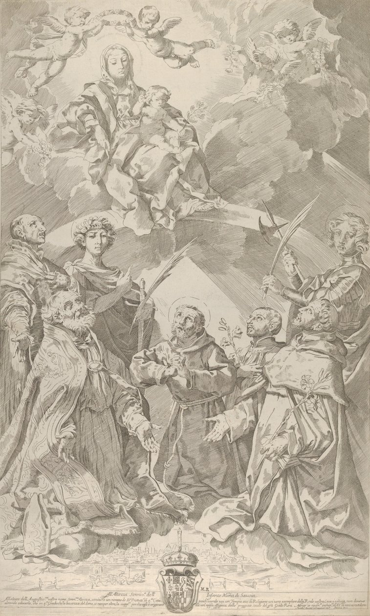 Bologna védőszentjei felfelé tekintve a felhőkben ülő Szűzre..., 1640-50. alkotó: Flaminio Torre
