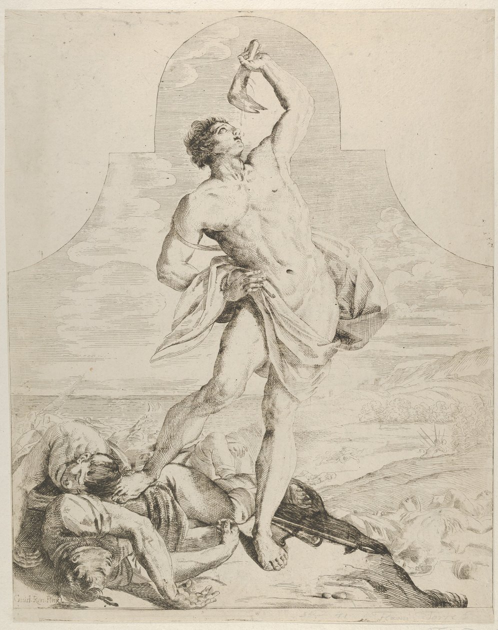 Sámson egy szamár állcsontját tartja a feje fölött, és a filisz mellett áll..., kb. 1640-60. alkotó: Flaminio Torre