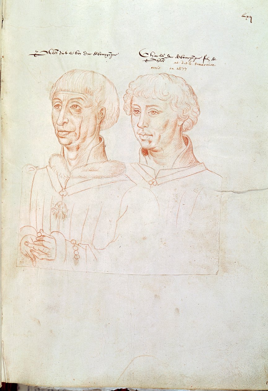 Ms 266 f.61 III. Jó Fülöp (1396-1467) Burgundia hercege és fia, Merész Károly (1433-77) a „Recueil d