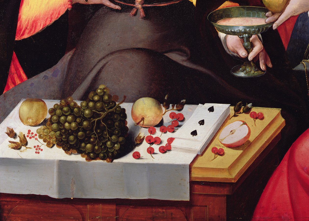 Galante jelenet Párizs kapujában, részlet gyümölcsökről, játékkártyákról és egy serlegről (216104 részlet) alkotó: Flemish School