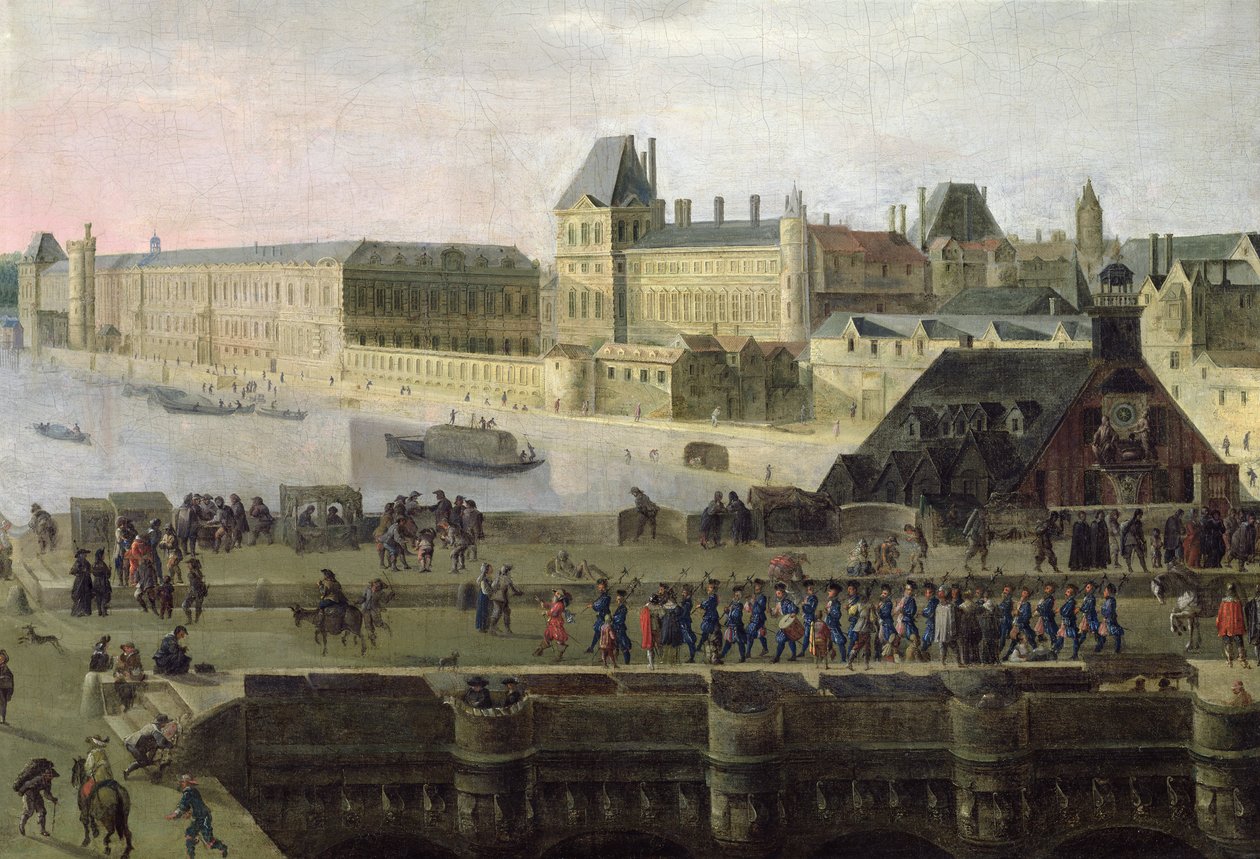 Kilátás a Pont-Neuf-ra és a Szajna folyóra lefelé nézve, a híd és a Louvre részlete, 1633 körül alkotó: Flemish School