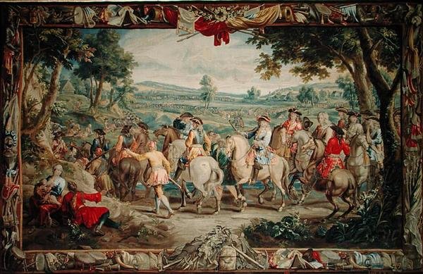 Egy lovas menet, a „Haditudomány” sorozatból, Judocus de Vos műhelye, 1715-24 (kárpit) alkotó: Flemish School
