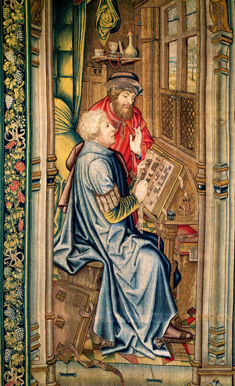 Egy beszámolót író írástudó, részlet A frigyláda szállítása című könyvből, Dávid és Betsabé kárpitjáról, 1510-1515 alkotó: Flemish School