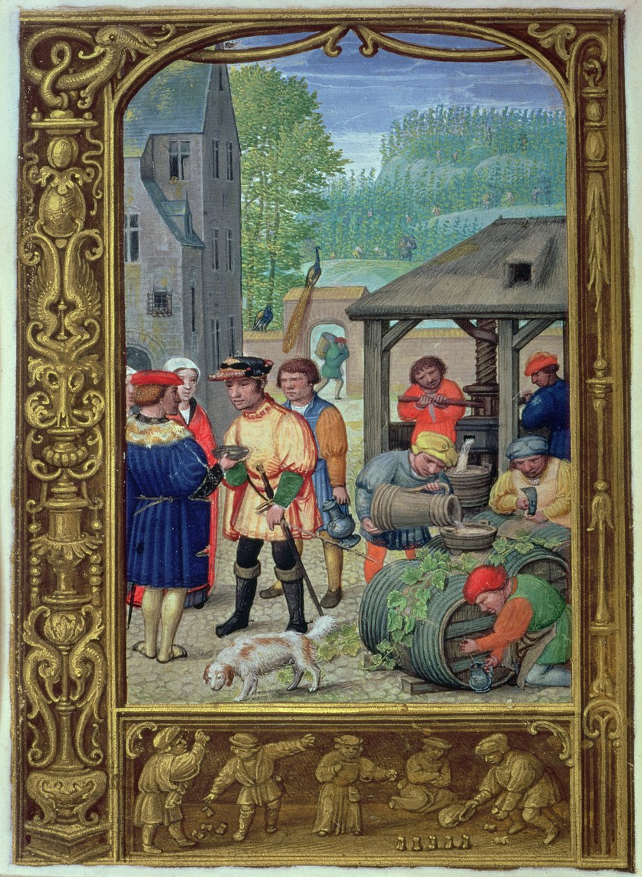 Add hozzá 24098 f.27v október: Borszüret, egy Órakönyvből vagy a Golf Bookból, 1520-30 körül (vellum) alkotó: Flemish School