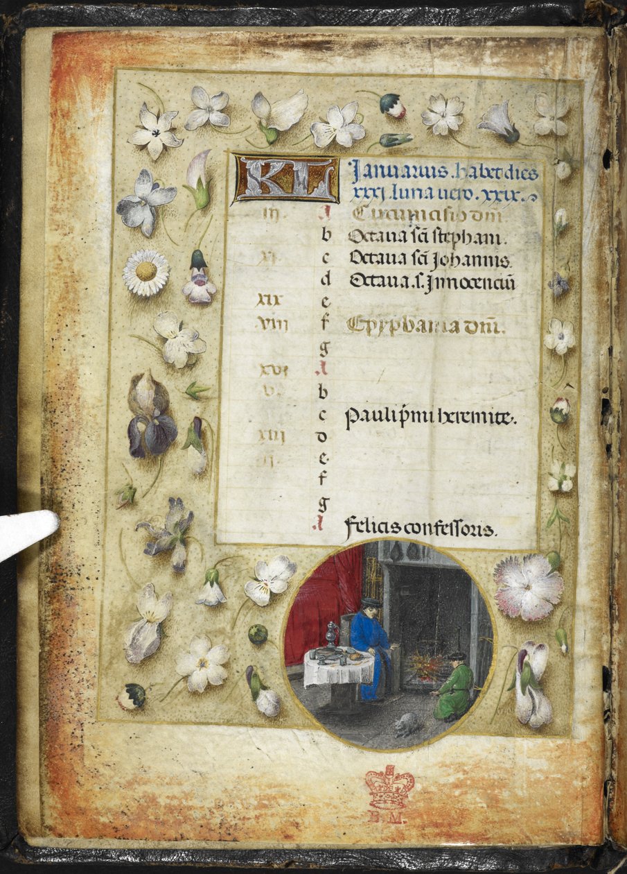 Adja hozzá az MS 38126 f.1v januári naptároldalát, amelyen két tűz előtt melegedő férfi gömbölyű miniatűrje látható a "Órakönyv, Róma használata" (The Huth Hours) c.1485-90 (tinta és szín és arany pergamen) alkotó: Flemish School