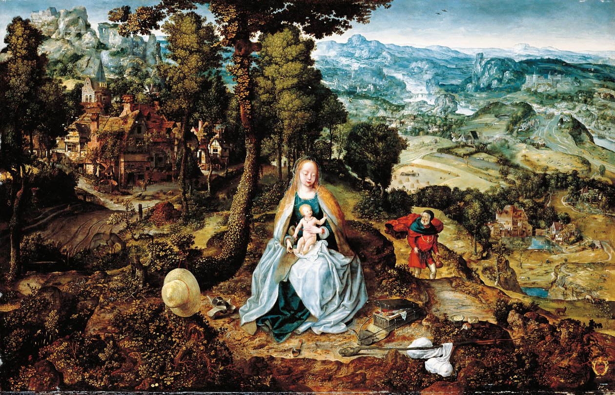 Kiterjedt táj a The Rest on the Flight to Egypt, Antwerpen School, 1520 körül alkotó: Flemish School