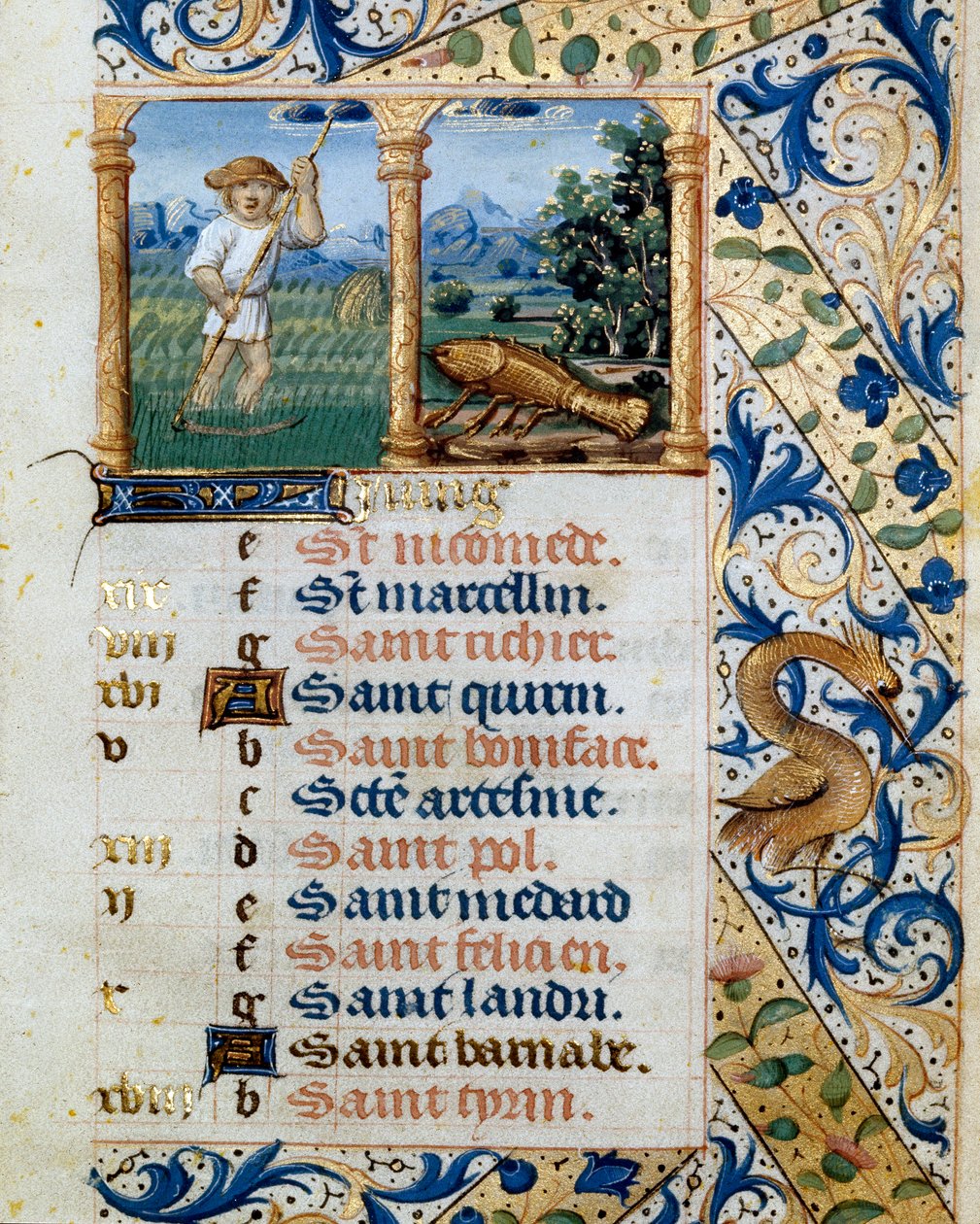 Naptár, június, paraszti kaszálás és a rák jele. Oldal egy órakönyvből ms. 47, a flamand iskola által kivilágított. 16. századi Badia de 