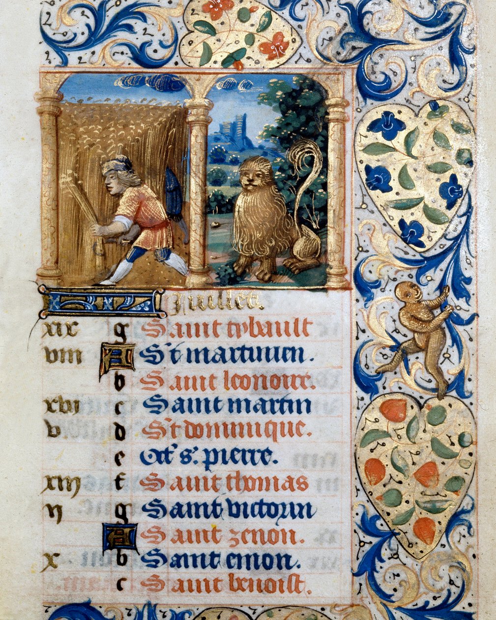 Naptár, július hónap, paraszt a búzamezőn és az oroszlán jegye. Oldal egy órakönyvből ms. 47, a flamand iskola által kivilágított. 16. századi Badia de 