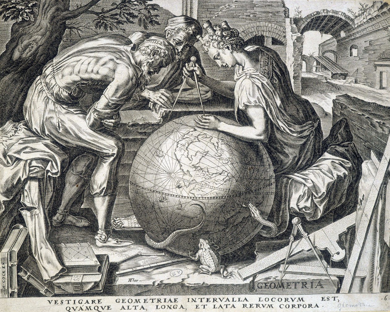 A földgömb fölé hajló karakterek komppakkal (a geometria allegóriája) - metszet, Flandria alkotó: Flemish School