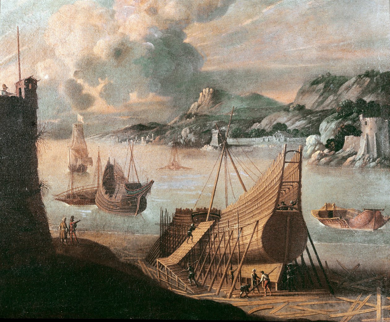 Gálya építése egy genovai hajógyárban (festmény alkotó: Flemish School