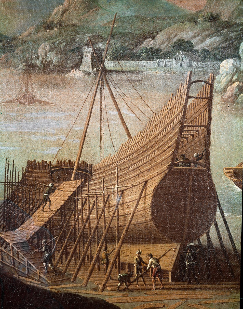 Gálya építése egy genovai hajógyárban (Részlet. Festmény alkotó: Flemish School