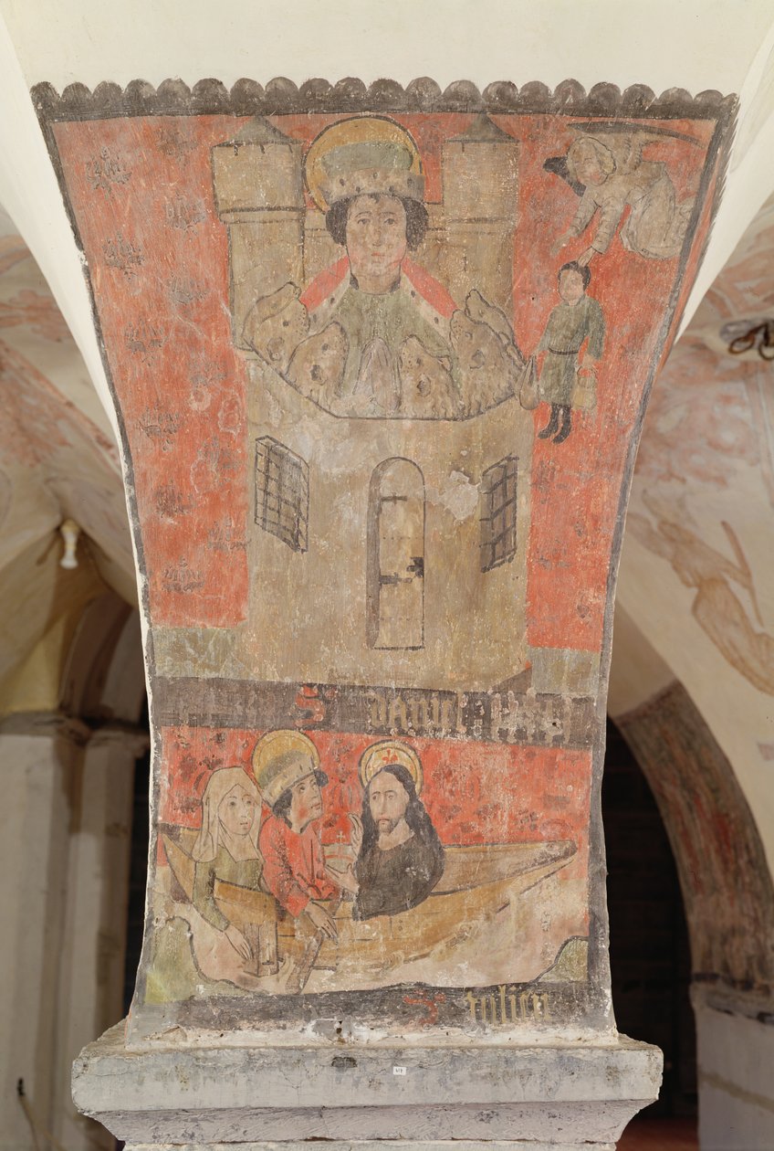 Dániel az oroszlánok barlangjában, St. Julian alatt, feleségével és Jézus Krisztussal, falfestmény a kriptából, 1480-1540 alkotó: Flemish School