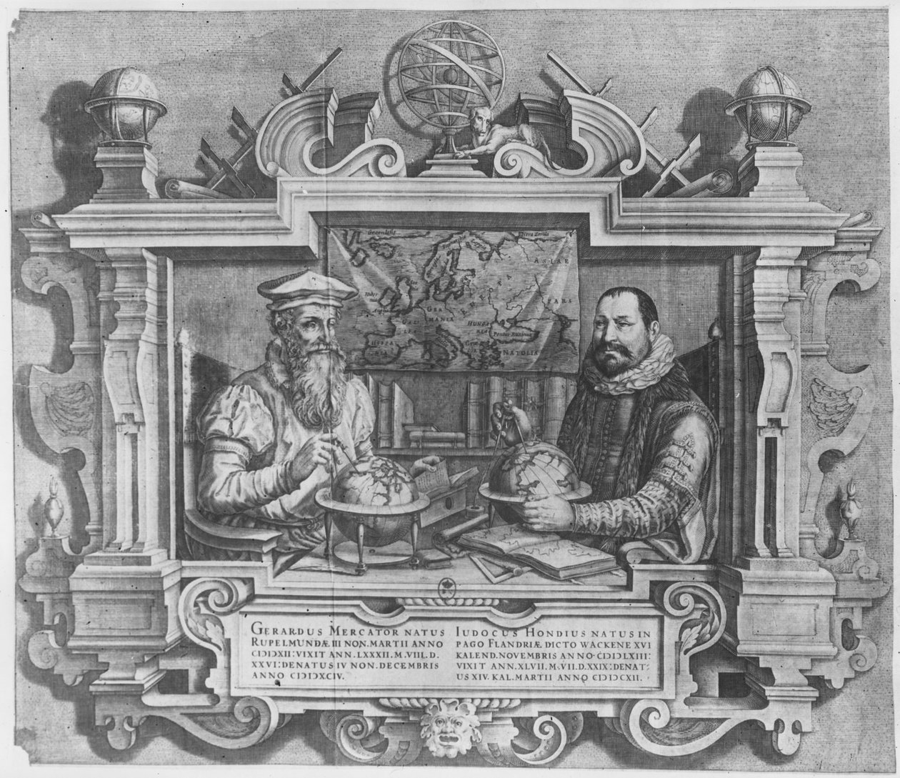Gerard Mercator (1512-94) és Jodocus Hondius (1563-1612) kettős portréja, amelyet a Mercator és Hondius atlaszsorozatba vésve, 1619 (lásd még: 10457 és 30866) alkotó: Flemish School