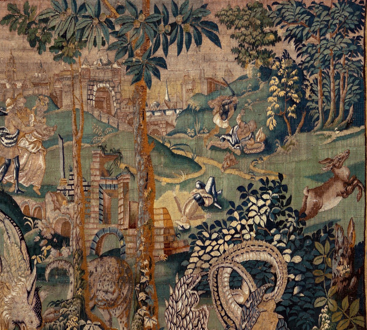 Flamand kárpit. Táj pergolával és nagy vadállatokkal, 2 oszloppal. Oudenaarde műterme. 319x508 cm. Inv 0023. 17. század. alkotó: Flemish School