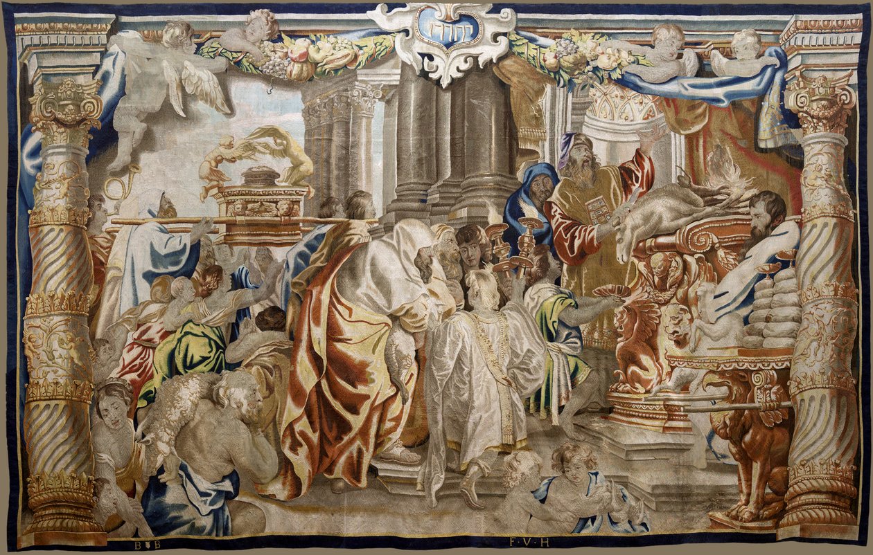 Flamand kárpit. Az Eucharisztia apoteózisa sorozat. A mozaiktörvény feláldozása (Sacrificio de la Ley Mosaica). A rajzfilm modellt Rubens eredeti példányáról másolta. brüsszeli gyártás. Gyártó: Frans van den Hecke. 17. század közepe. Szövet Selyem és gyapj alkotó: Flemish School