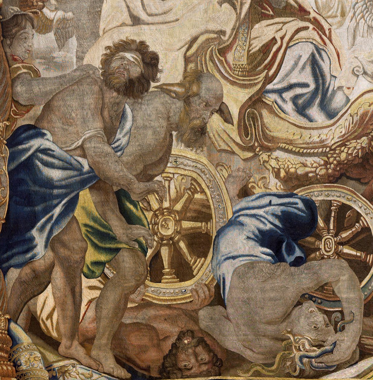 Flamand kárpit. Az Eucharisztia apoteózisa sorozat. Az egyház diadala (Triunfo de la Iglesia). A rajzfilm modellt Rubens eredeti példányáról másolta. brüsszeli gyártás. Gyártó: Frans van den Hecke. 17. század közepe. Szövet Selyem és gyapjú, 7/8 láncfonal alkotó: Flemish School