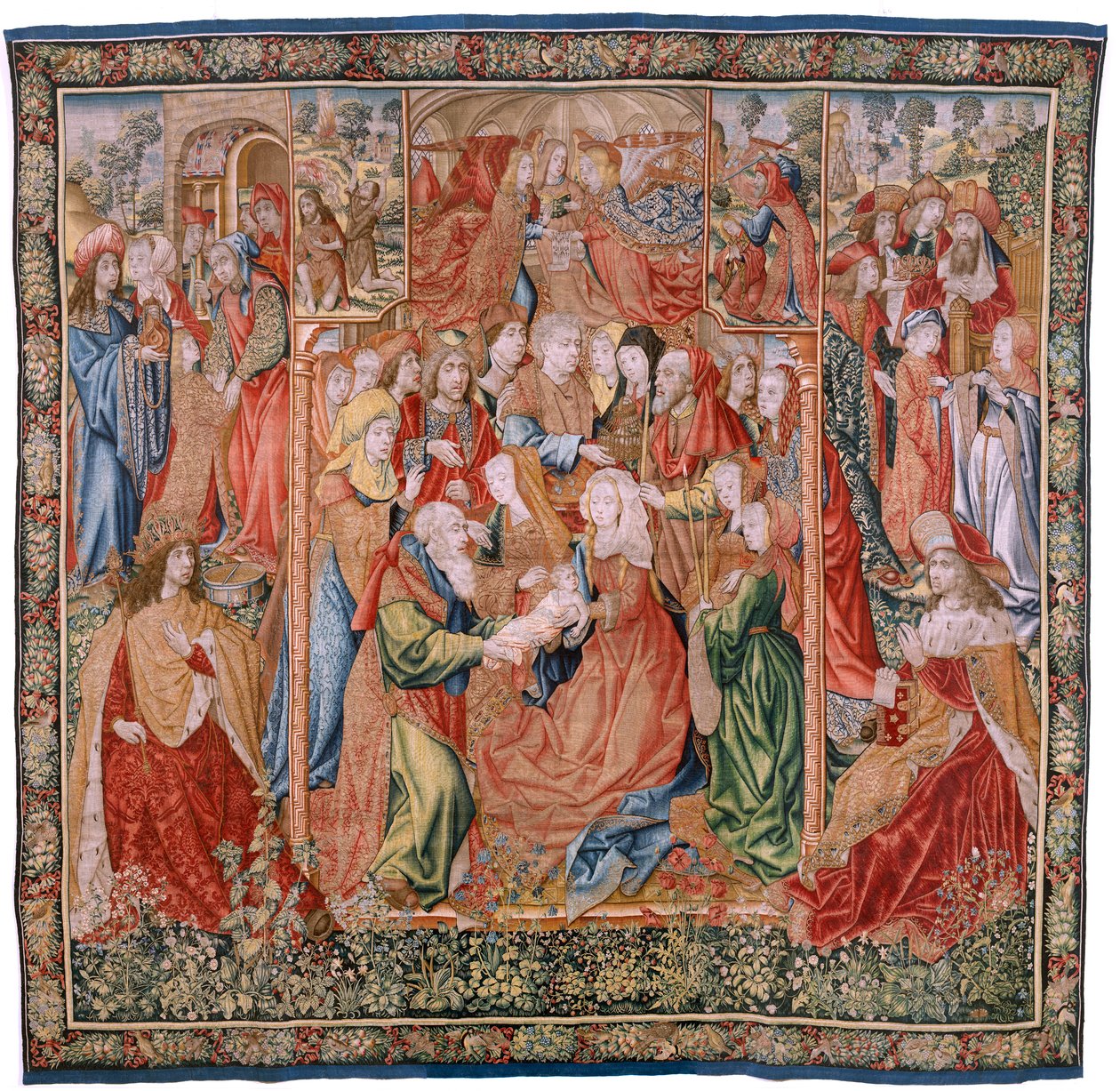 Flamand kárpit. Sorozat epizódok a Szűz életéből; Bemutató a templomban (Presentación en el Templo). A sorozat második kárpitja. Jan van Roome-nak (vagy van Brusselnek) tulajdonított modellek. Gyártás Pieter van Aelst, Brüsszel. Körülbelül 1502-1504. alkotó: Flemish School
