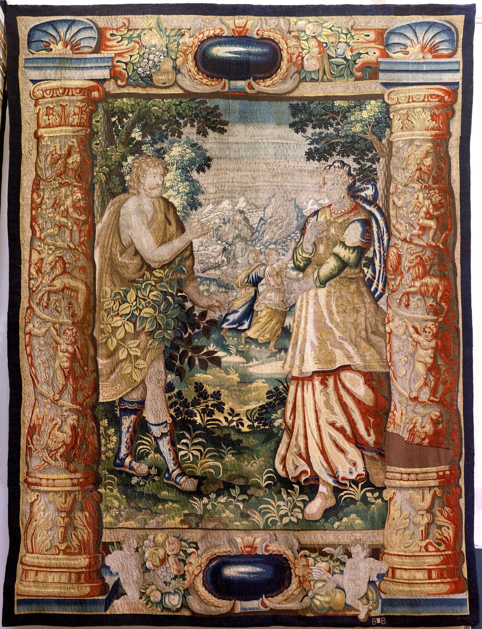 Flamand kárpit. Galantry sorozat (Galante). Galáns jelenet (Escena galante). Gyártás Brüsszel, 17. század eleje. Szövet Selyem és gyapjú, 5/6 lánc per cm. Mérete 348 x 263 cm. Hely San Millán de la Cogolla templom, Oncala (Soria). Eredet A donatio alkotó: Flemish School