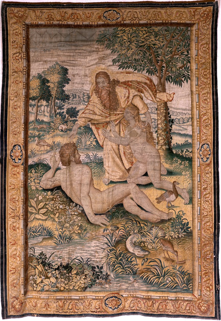 Flamand kárpit. Genesis vagy A teremtő ember sorozat. Isten megteremti a Nőt, és bemutatja Ádámnak (Dios crea a la mujer y la presenta a Adán). Modell Michiel Coxcie alapján. Gyártás Jan Aerst Brüsszelben. 1630 körül. Szövet Selyem és gyapjú. alkotó: Flemish School