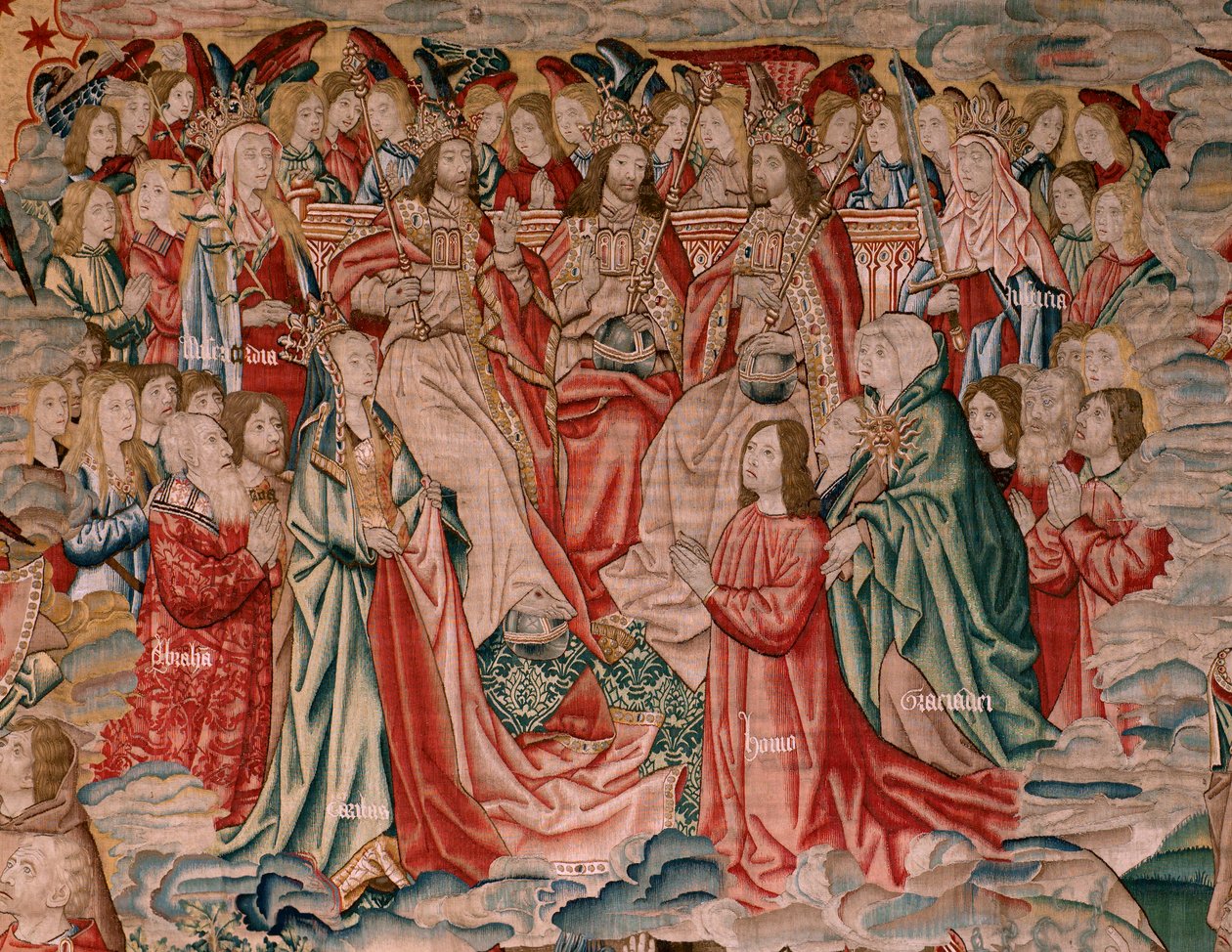 Flamand kárpit. Emberi megváltás vagy bűnök és erények sorozat. Krisztus felmegy a mennybe, és az ember megváltódik Isten előtt (Cristo asciende al Cielo y el Hombre se redime ante Dios). Kilencedik kárpit a sorozatban (a negyedik a Palenciában őrzött kárp alkotó: Flemish School