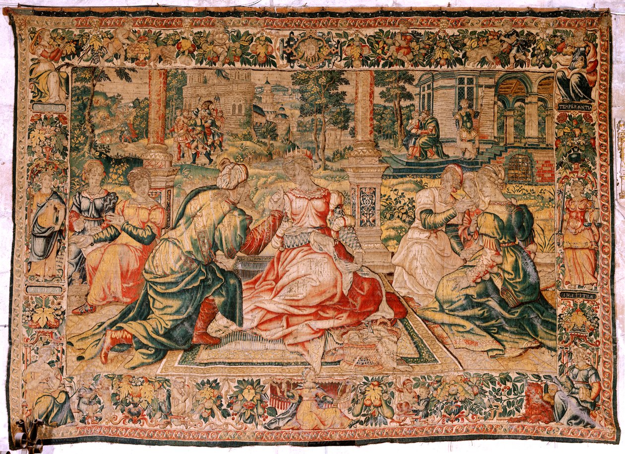 Flamand kárpit. Mark Anthony és Kleopátra sorozat. Kleopátra és udvara (Cleopatra en su corte). Pieter Coecke van Aelstnek tulajdonított rajzfilmmodell. Gyártás Brüsszel(?). 16. század második fele. Szövet Selyem és gyapjú. Mérete 310 x 435 cm. Eredet alkotó: Flemish School