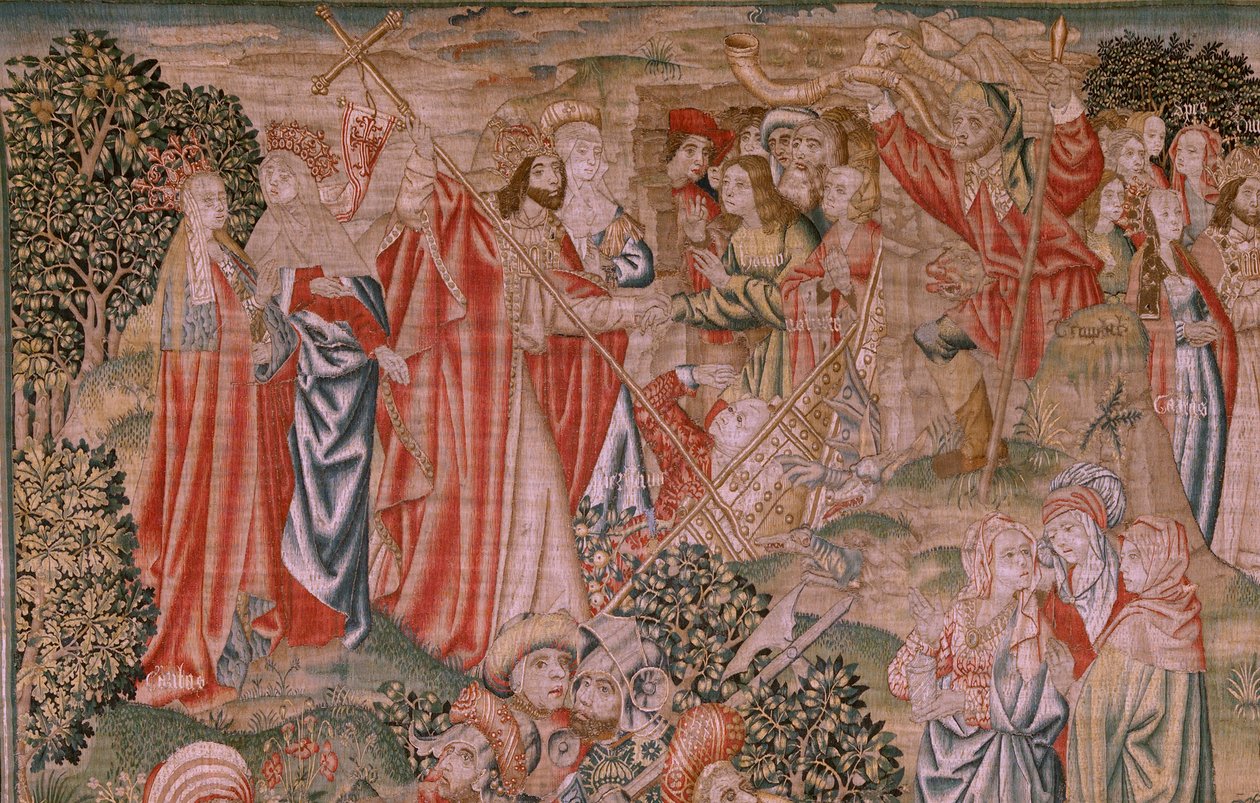 Flamand kárpit. Az ember megváltása vagy a bűnök és erények sorozat. Krisztus feltámadása (Resurrección de Cristo). A sorozat nyolcadik kárpitja (a Burgosban őrzöttek közül az első). Gyártás Brüsszel. Kb. 1510. Szövet Selyem és gyapjú, cm-enként 7 lánc. alkotó: Flemish School