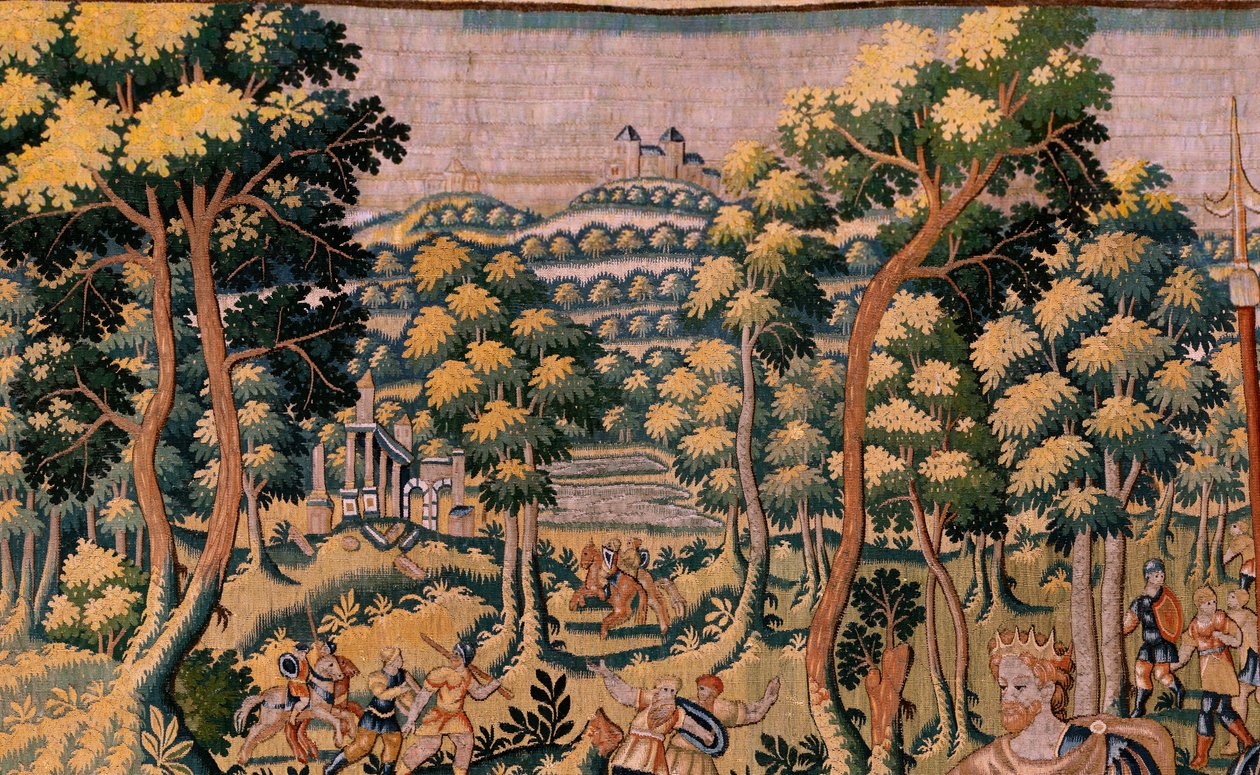 Flamand kárpit. Cyrus története című sorozat. No II Astyages felismeri Cyrust (Ciro reconocido por Astiages). Anonymous, Michiel Coxcie alapján. Atelier Antwerpen. Selyem és gyapjú. 1590 körül. alkotó: Flemish School