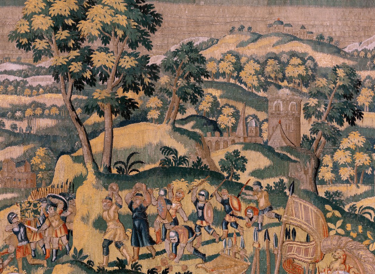 Flamand kárpit. Cyrus története című sorozat. No VI Tomyris elrendeli, hogy Cyrus fejét mártsák egy véredénybe (Tomiris manda sumergir la cabeza de Ciro en un recipiente lleno de sangre). Anonymous, Michiel Coxcie alapján. Atelier Antwerpen. Selyem és woo alkotó: Flemish School
