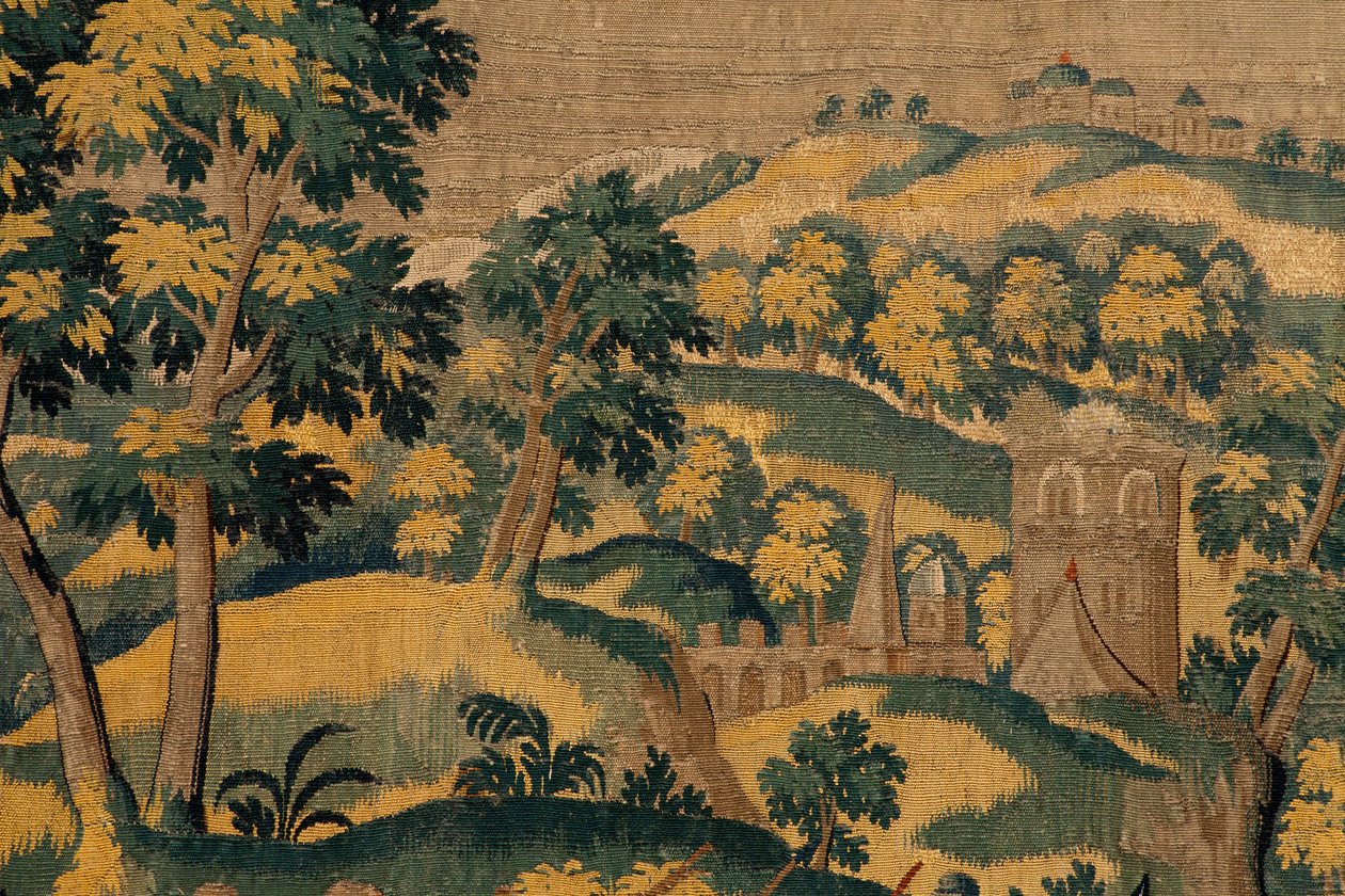 Flamand kárpit. Sorozat Cyrus története. No VI Tomyris elrendeli, hogy Cyrus fejét mártsák egy véredénybe (Tomiris manda sumergir la cabeza de Ciro en un recipiente lleno de sangre). Anonymous, Michiel Coxcie alapján. Atelier Antwerpen. Selyem és woo alkotó: Flemish School