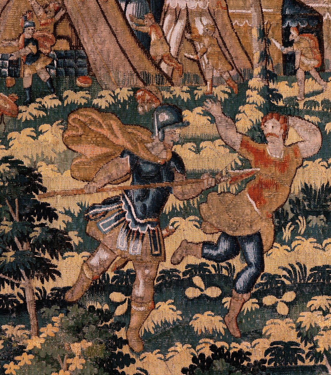 Flamand kárpit. Sorozat Cyrus története. No V Combat két harcos és Cyrus halála (Combate de dos guerreros y muerte de Ciro). Anonymous, Michiel Coxcie alapján. Atelier Antwerpen. Selyem és gyapjú. 1590 körül. alkotó: Flemish School