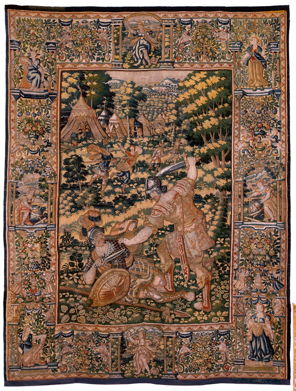Flamand kárpit. Cyrus története című sorozat. No V Combat két harcos és Cyrus halála (Combate de dos guerreros y muerte de Ciro). Anonymous, Michiel Coxcie alapján. Atelier Antwerpen. Selyem és gyapjú. 1590 körül. alkotó: Flemish School