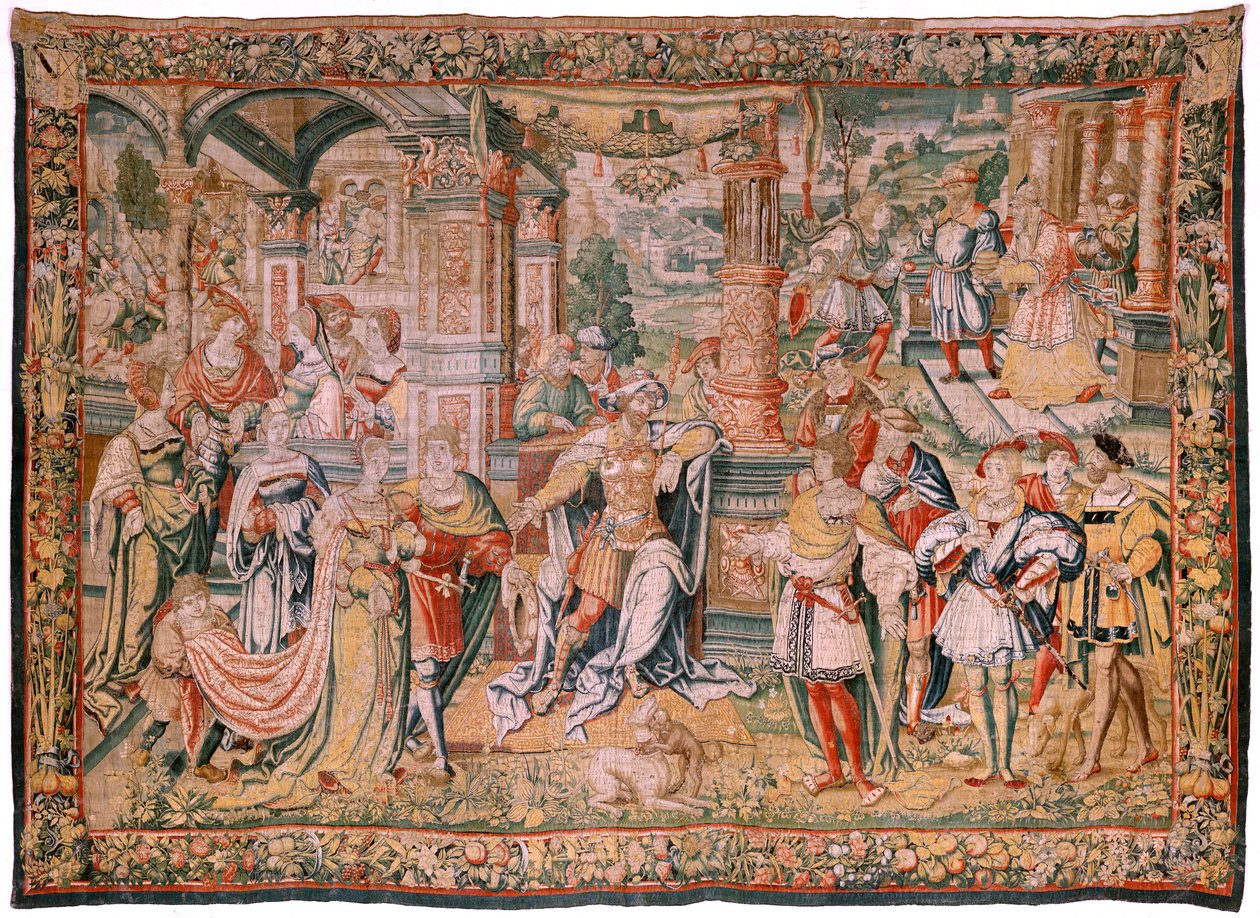 Flamand kárpit. Dávid története című sorozat. Dávid Saul előtt (David ante Saúl). Bernard van Orley modellje. Gyártás Brüsszel. Ca1525. Szövet Selyem és gyapjú. Mérete 560 x 410 cm. Helyszín Burgos katedrálisa. Eredet A székesegyház hagyatéka 1535-ben kárt alkotó: Flemish School