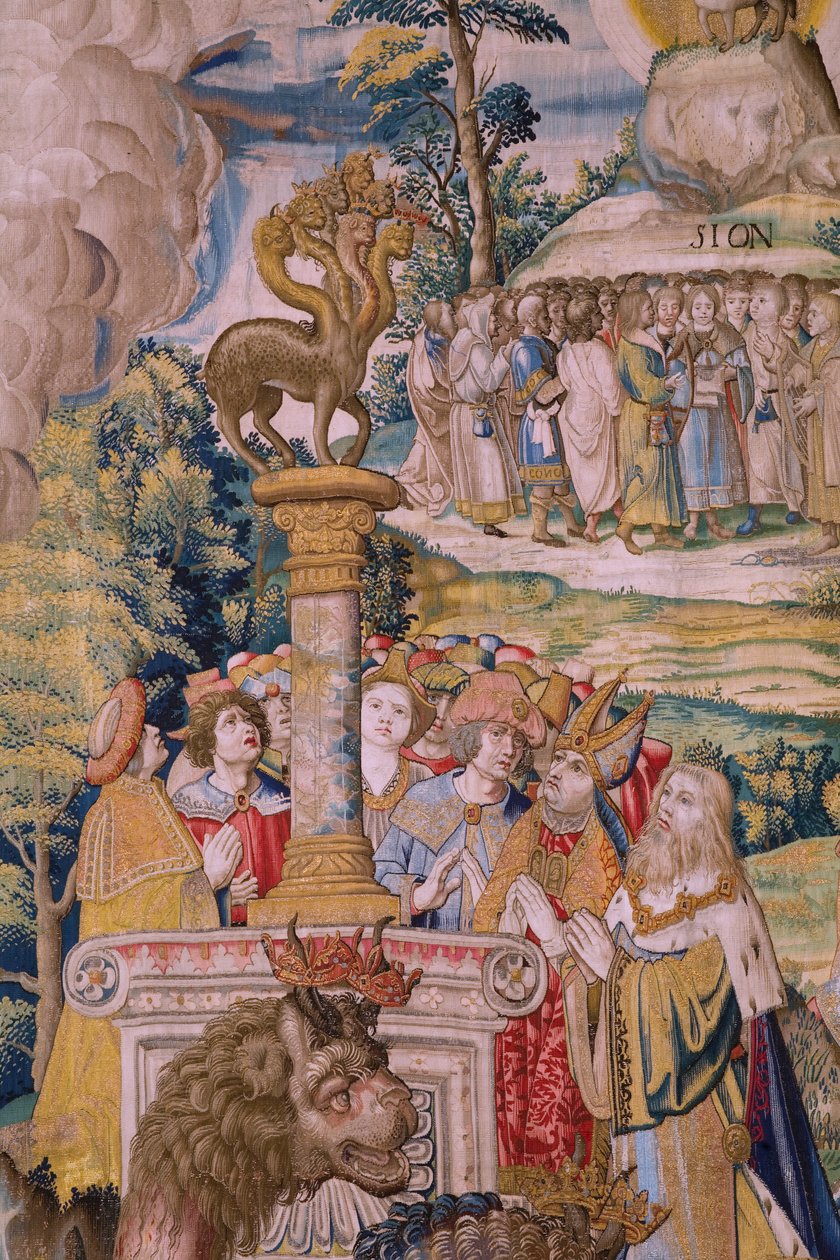 Flamand kárpit. Az Apokalipszis sorozat: Szent Mihály legyőzi a sárkányt. Atelier Willem Dermoyen, Brüsszel. Körülbelül 1553-1555. Részlet. alkotó: Flemish School