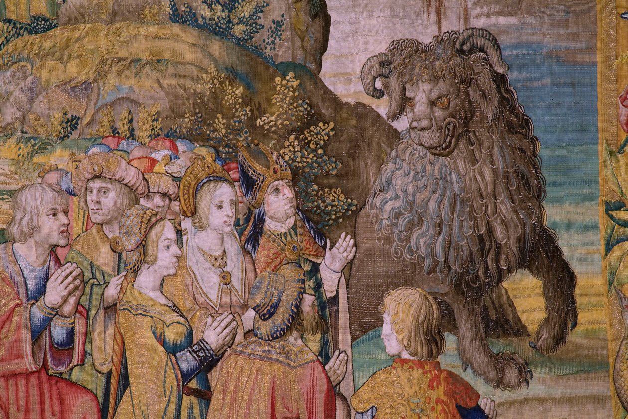 Flamand kárpit. Az Apokalipszis sorozat: Szent Mihály legyőzi a sárkányt. Atelier Willem Dermoyen, Brüsszel. Körülbelül 1553-1555. Részlet. alkotó: Flemish School