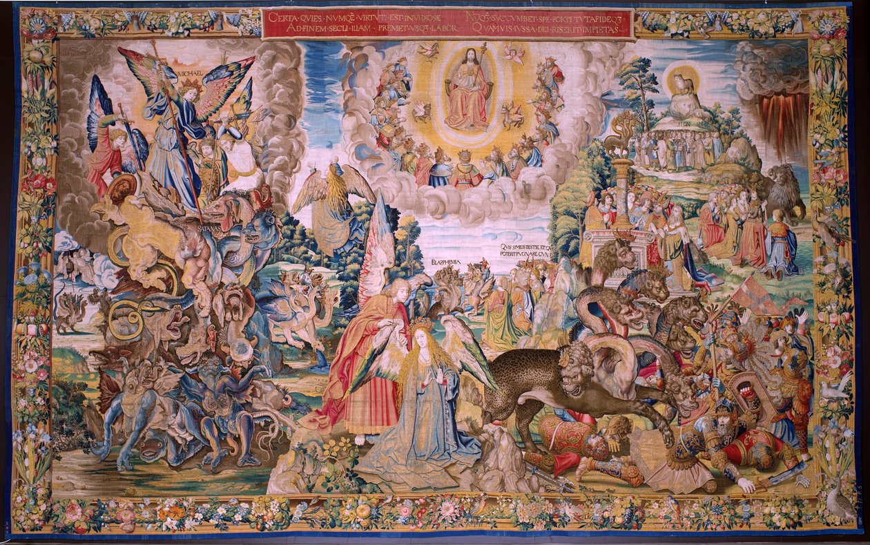 Flamand kárpit. Az Apokalipszis sorozat: Szent Mihály legyőzi a sárkányt. Atelier Willem Dermoyen, Brüsszel. Körülbelül 1553-1555. alkotó: Flemish School