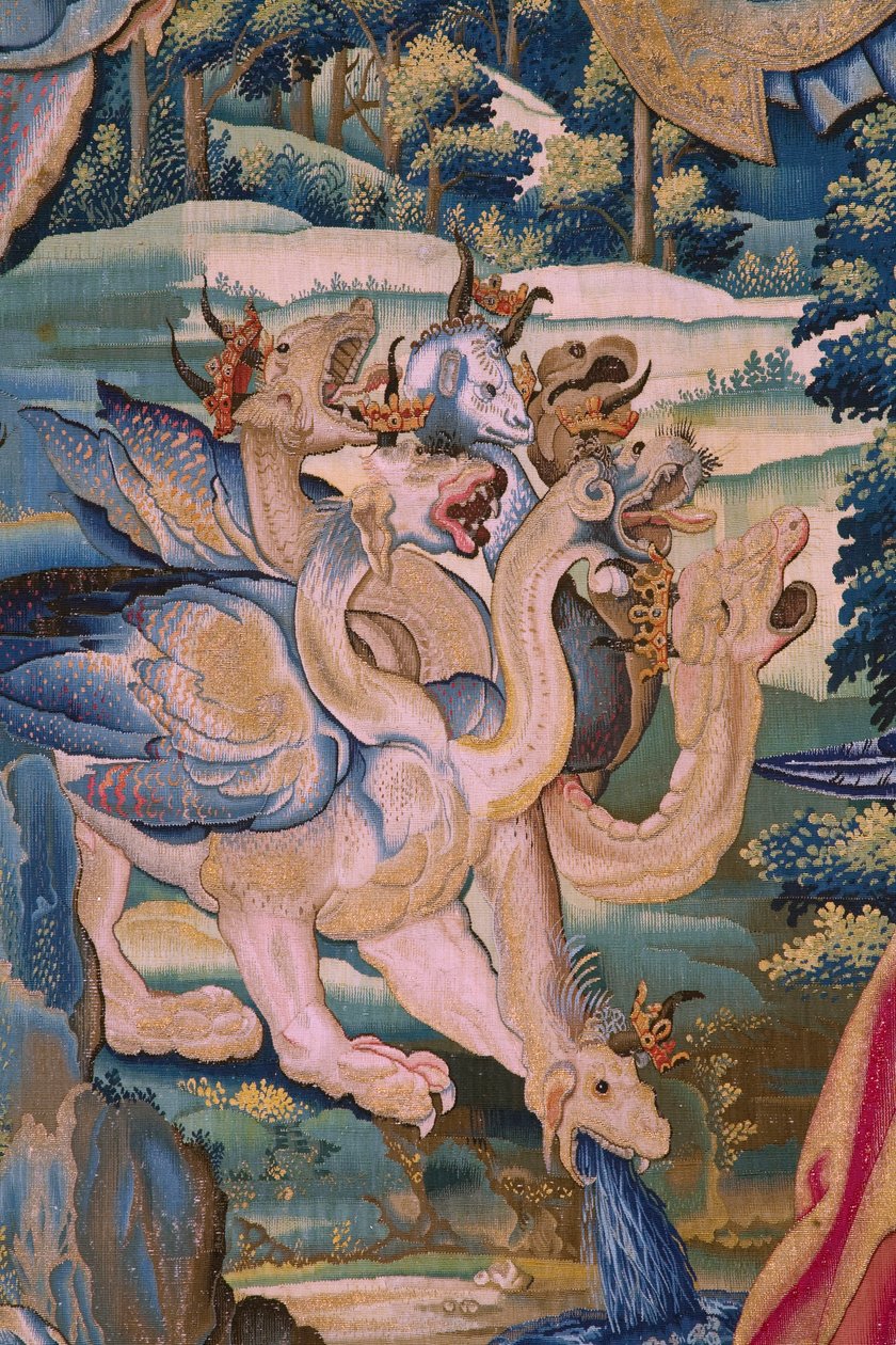 Flamand kárpit. Az Apokalipszis sorozat: Szent Mihály legyőzi a sárkányt. Atelier Willem Dermoyen, Brüsszel. Körülbelül 1553-1555. Részlet. alkotó: Flemish School