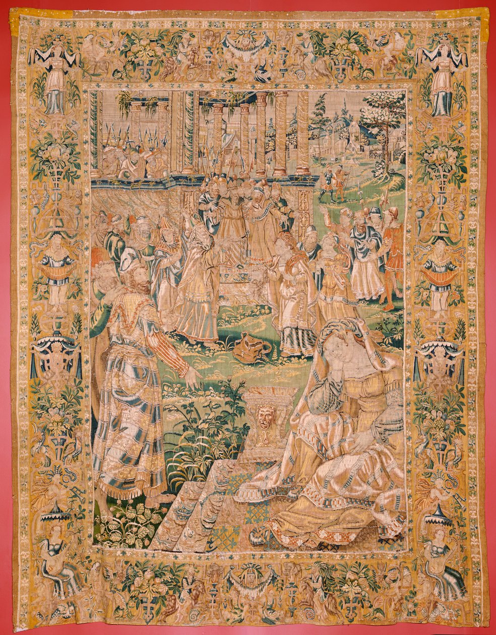 Flamand kárpit. Sorozat Judit könyve. Judith megmutatja Holofernész fejét (Judith muestra la cabeza de Holofernes). Kilencedik kárpit a sorozatban. Gyártás Hollandia, Brüsszel(?). 16. század második fele. Szövet Gyapjú. Hely Szent templom alkotó: Flemish School