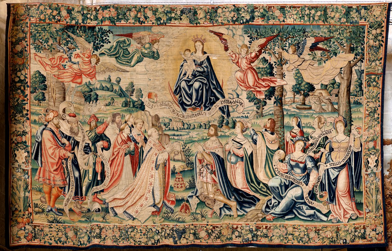 Flamand kárpit. A jégeső sorozat. Salve Regina. Brüsszeli műhelyek gyártása, lehetséges Marc Crétif gyártása. Kb 1528. Mérete 412 x 652 cm. Szövet Selyem és gyapjú. Helyszín Palencia katedrálisa. Eredet Fonseca püspök hagyatéka 1529-ben alkotó: Flemish School