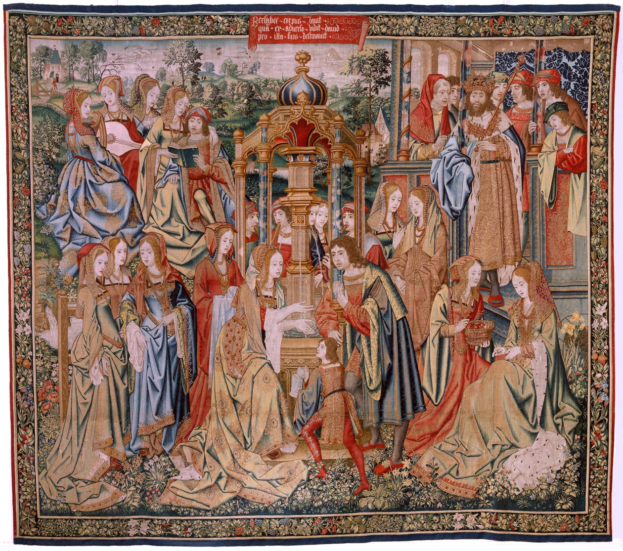 Flamand kárpit. Dávid és Betsabé története sorozat. Bathseba a fürdőjében (Betsabé en el baño sorprendida por David). A sorozat első panelje. Névtelen modell. Ismeretlen gyártás, Brüsszel alkotó: Flemish School