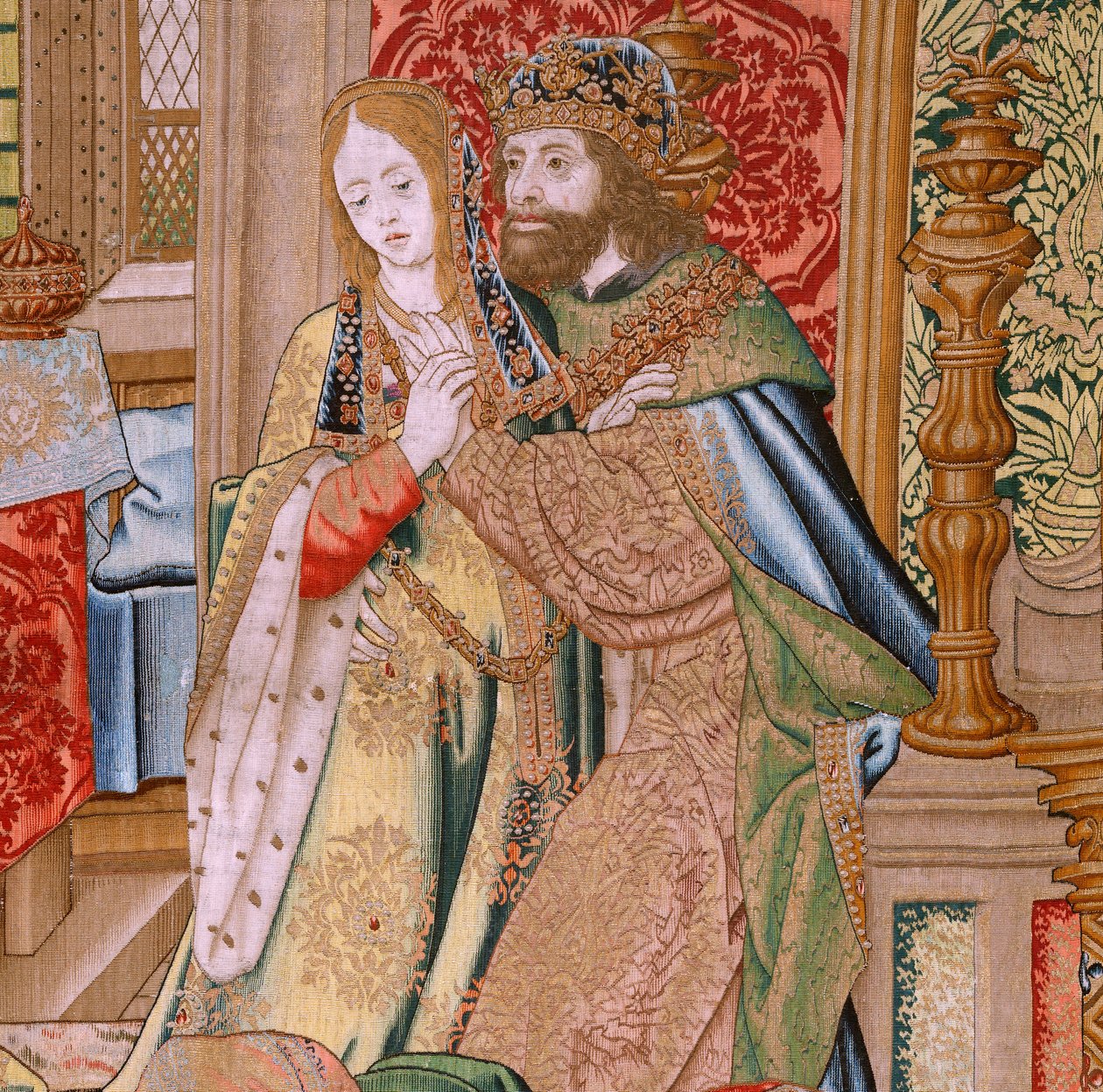 Flamand kárpit. Dávid és Betsabé története sorozat. Dávid és Batsabé házassága (Casamiento de David y Betsabé). A sorozat második panelje. Névtelen modell. Ismeretlen gyártás, Brüsszel. 1505. Szövet Arany, selyem és gyapjú. alkotó: Flemish School
